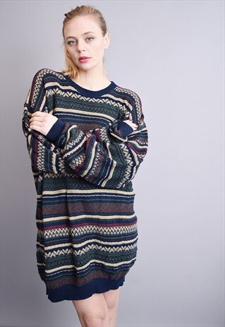 80'S ABSTRACT PATTERN OVERSIZED MOM'S KNIT JUMPER DRESS