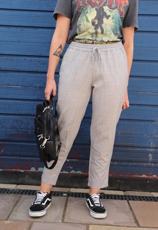 VINTAGE 90S GREY MARL DRAWSTRING HIGH WAISTED SMART TROUSERS