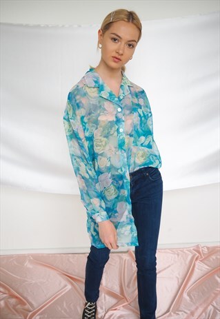 VINTAGE BLUE SEMI SHEER FLORAL SHIRT