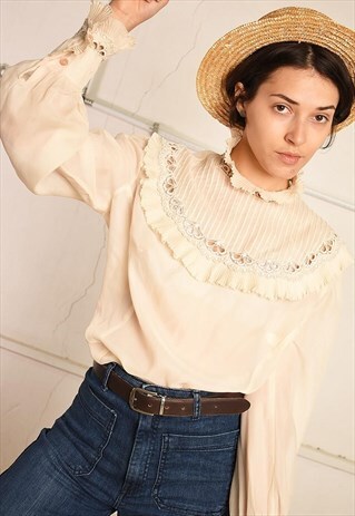 80'S RETRO SHEER RUFFLE PARIS CHIC SHIRT BLOUSE TOP