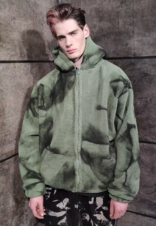 GRAFFITI FLEECE JACKET FAUX FUR TED BEAR BOMBER JACKET GREEN