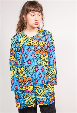90'S COLOURFUL ABSTRACT PATTERN COLLARLESS BLOUSE SHIRT