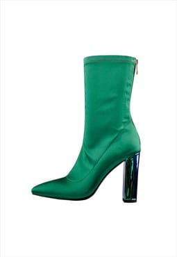 Breathable Pointed Toe Chunky Heels Green Ankle Boots