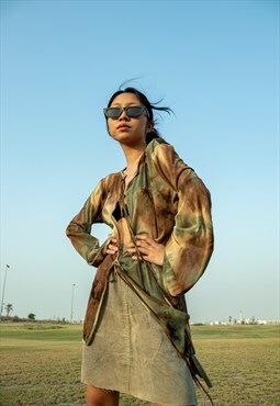 Brown Splatter Mesh Tie-Up Top