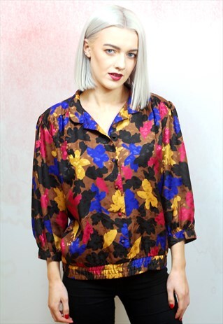1980S VINTAGE SILKY MULTICOLOURED PATTERN BUTTON UP SHIRT