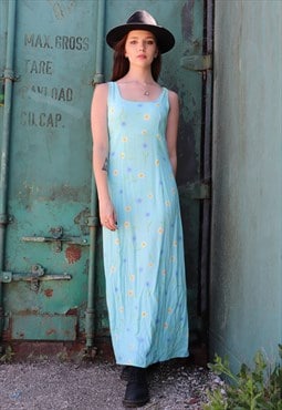 Pastel Turquoise Blue Floral Floaty Summer Boho Maxi Dress 