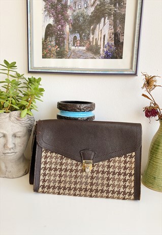 VINTAGE 70S DOGTOOTH CHECKED FAUX LEATHER MINIMAL CLUTCH BAG
