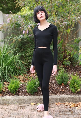 RIBBED KNIT HOODIE CROP TOP LEGGINGS TRACKSUITS IN BLACK