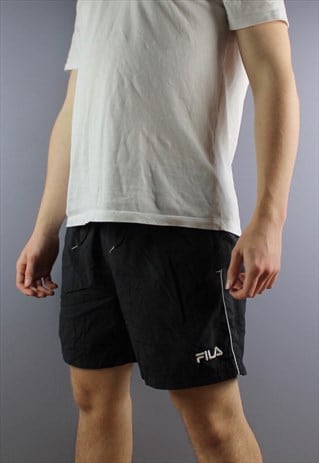 VINTAGE FILA SHORTS IN BLACK WITH POCKETS, EMBROIDERED LOGO