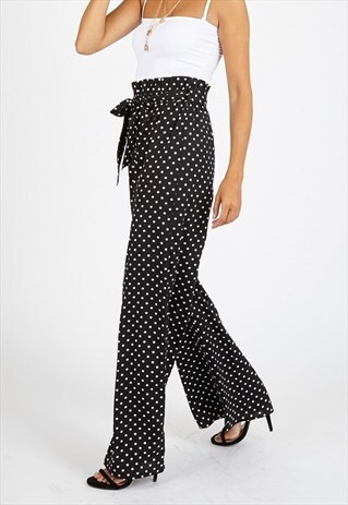 BLACK POLKA DOT PAPER BAG WIDE LEG TROUSERS