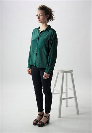 LONG SLEEVE SILKY BLOUSE / DARK GREEN SHIRT
