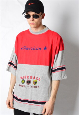 VINTAGE 80S RED GREY AMERICAN BASEBALL T-SHIRT