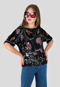 80's Vintage Ladies Black Pink Short Sleeve Sequin Top