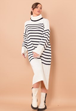 Off White Long Knitted Polo Neck Navy Striped Jumper Dress