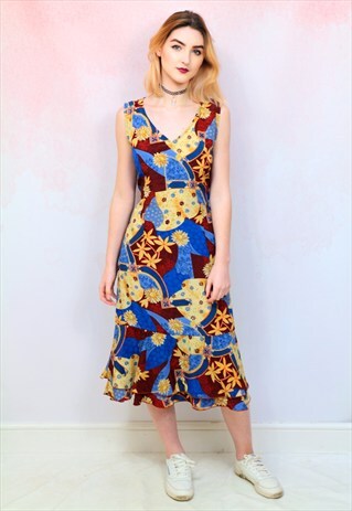 1980S VINTAGE BLUE AND BROWN FLORAL MIDI DRESS
