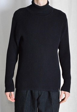 Y2K Black Minimalist Ribbed Cotton Mens Turtleneck Jumper