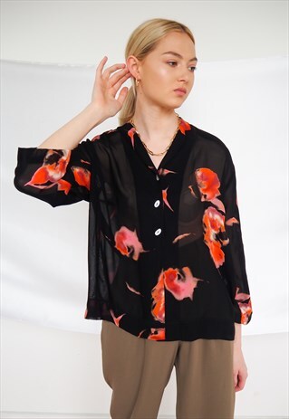 VINTAGE SEMI SHEER FLORAL PATTERN BUTTON UP BLOUSE
