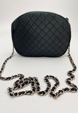 80's Vintage Ladies Bag Black Fabric Quilted Chain Handbag