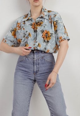 Vintage 80s Blue Floral Short Sleeve Button Women Shirt 