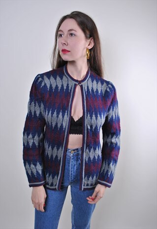 GEOMETRIC PRINT WOMEN CARDIGAN, VINTAGE KNIT MULTICOLOR