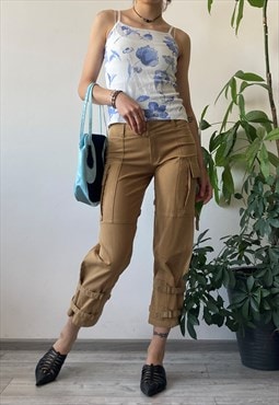 Vintage Y2K 00s Light Brown Fitted Utility Cargo Capri Pants