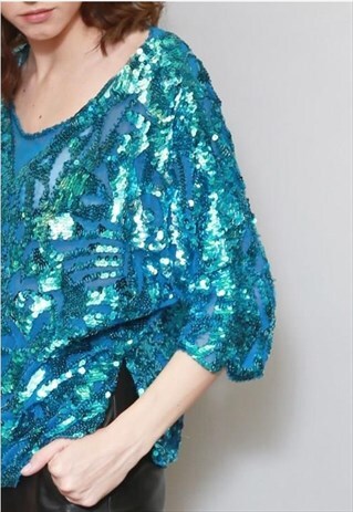 VINTAGE 1980'S SPARKLY BLUE SILK SEQUIN TOP