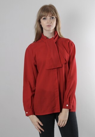VINTAGE 80S RED TIE NECK BLOUSE SHIRT TOP