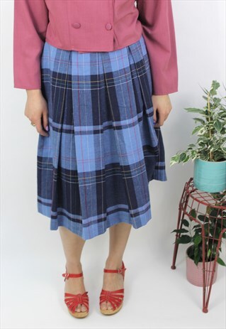 VINTAGE 1980S BLUE TARTAN PLEAT MIDI SKIRT