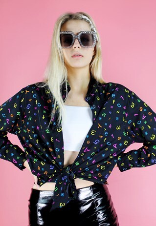 VINTAGE 90S Y2K BLACK BUTTON UP SHIRT COLORFUL LETTER PRINT