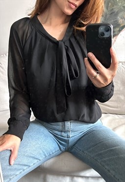 Black Blouse With Bow Neck - M