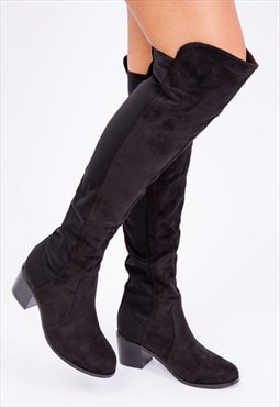 Britta thigh high mid heeled boots in black suede