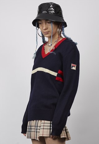 VINTAGE EARLY 70'S NAVY FILA KNIT V-NECK JUMPER
