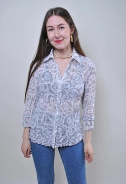 Vintage abstract grey blouse, 90s transparent women shirt 