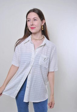 Vintage plaid oversized white blouse with short sleeve 