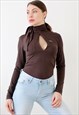 Long Sleeve Y2k Top Pussy Bow Cut Out Vintage Mock Neck Top 