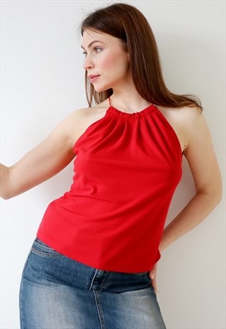 90S VINTAGE CAMI TOP SLEEVELESS STRAPPY RED M UK 12