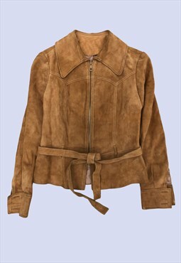 Vintage Tan Brown Genuine Suede Boho Collared Belted Jacket