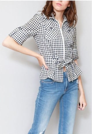 VINTAGE 1970'S NAVY & WHITE GINGHAM TOP