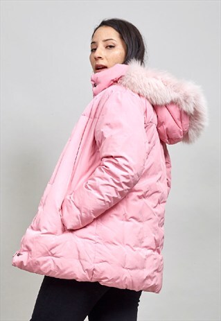 VINTAGE 90'S PINK OVERSIZED HOODED DOWN PUFFER COAT/JACKET