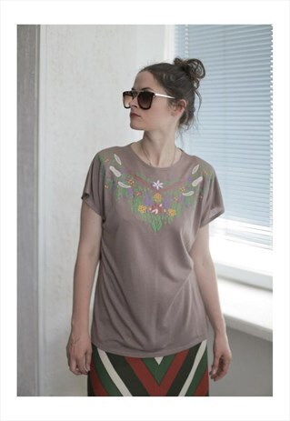 VINTAGE 90'S BROWN FLOWER PRINT SHORT SLEEVE TOP