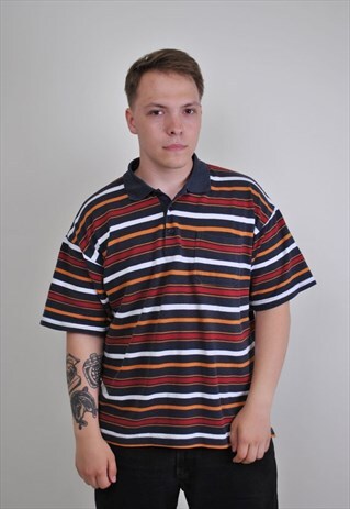 VINTAGE STRIPED POLO, 90S TSHIRT, MENS SPORT TEE