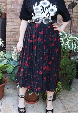 Vintage 90s Black Cottage Floral Flower Festival Midi Skirt