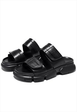 Faux leather sliders edgy high fashion chunky sole sandals 