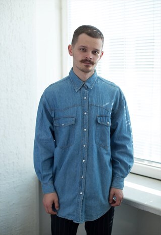 VINTAGE 90'S BLUE WESTERN STYLE DENIM SHIRT