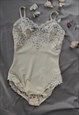 VINTAGE 80S BODYSUIT IN IVORY SEE TROUGH LACE XS-M