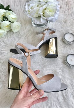 Grey Faux Suede Gold Heeled Sandals