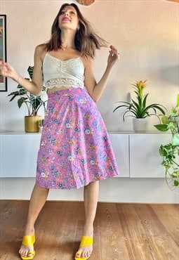 1970's vintage pink and orange floral midi skirt