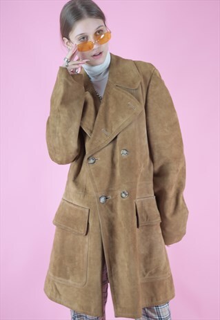 VINTAGE JACKET TRENCH COAT IN BROWN SUEDE WITH BIG COLLAR