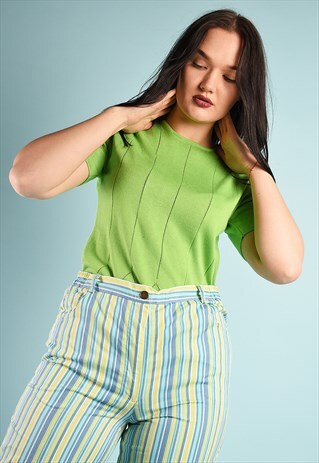 VINTAGE Y2K RETRO KNITTED TOP T-SHIRT TEE IN LIME GREEN