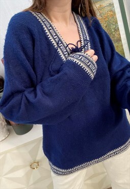 Vintage 70s Boho Hippie handmade navy blue knitted jumper